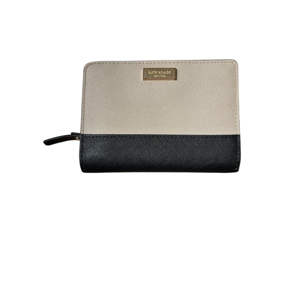 Kate Spade Colorblock‎ Wallet Black Beige Leather Zip Bifold Preppy Classic